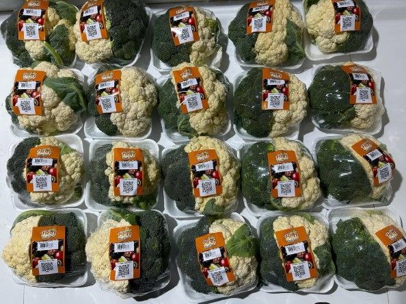 Brócolis e couve-flor embalados e etiquetados, prontos para venda