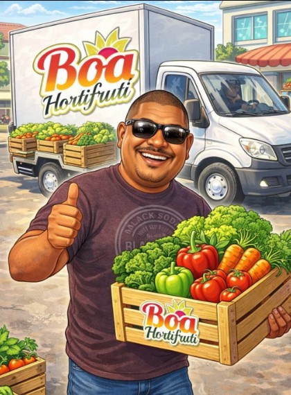 Ilustração do proprietário da Boa Hortifruti segurando uma caixa de legumes frescos, com o caminhão da marca ao fundo